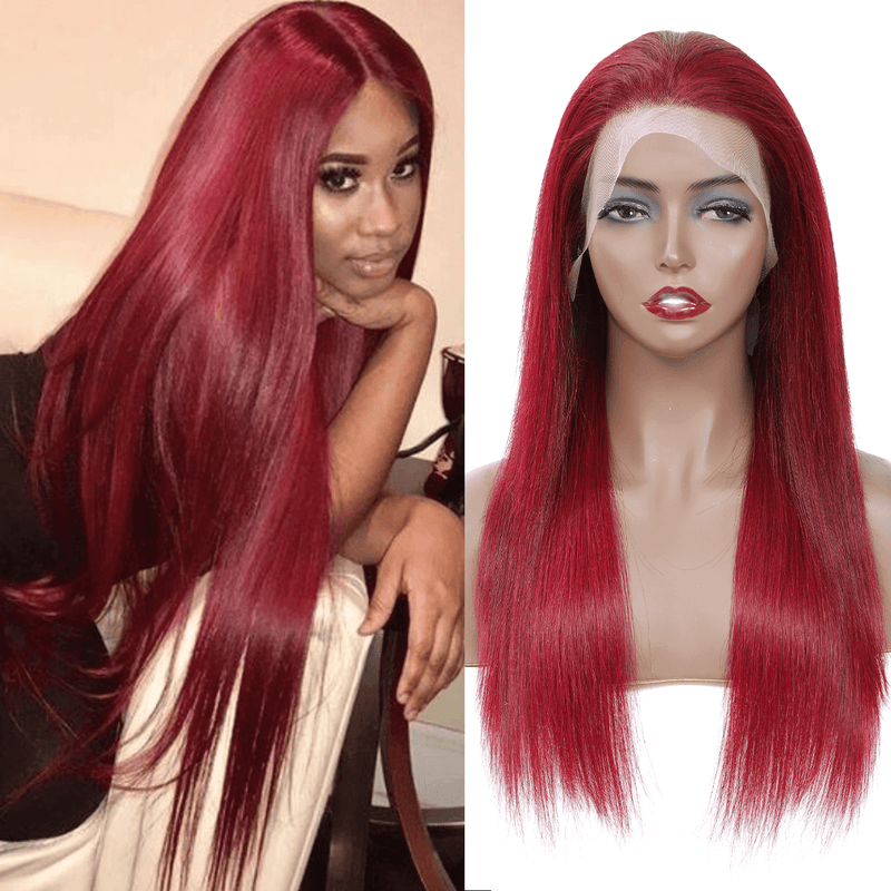 DRESSMAKER 13x4 Straight Lace Front Wig HD Lace Long Burgandy Human Hair Wig(