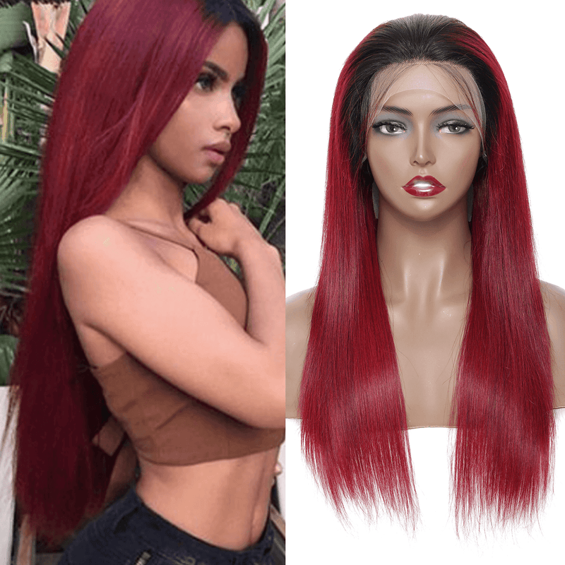 DRESSMAKER 13x4 Long Straight Lace Front Wig HD Lace T1B/Burgandy Human Hair Wig DRESSMAKER HAIR OFFICIAL STORE