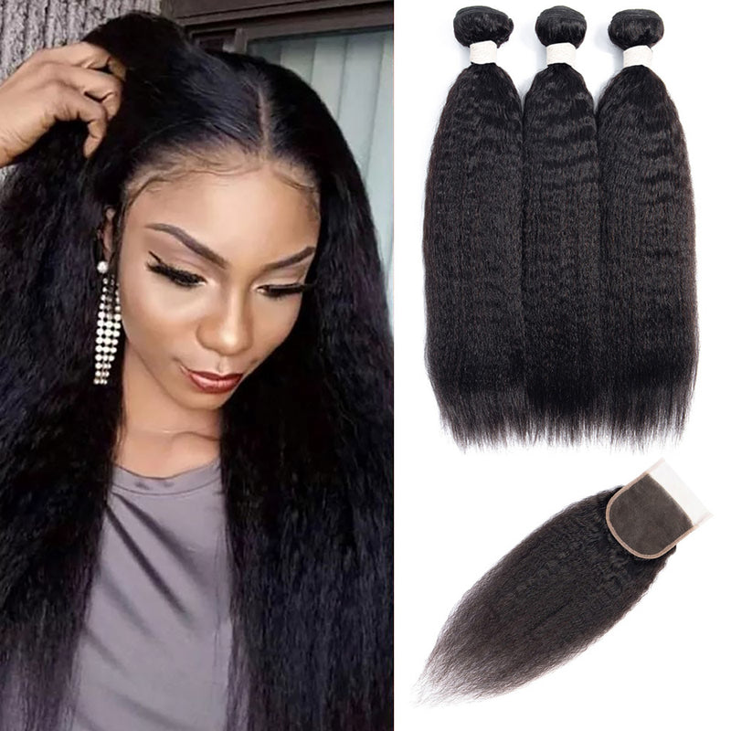 DRESSMAKER Kinky Straight 3 Bundles with Closure(10 12 12+10) DRESSMAKER HAIR OFFICIAL STORE