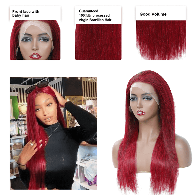 DRESSMAKER 13x4 Straight Lace Front Wig HD Lace Long Burgandy Human Hair Wig(