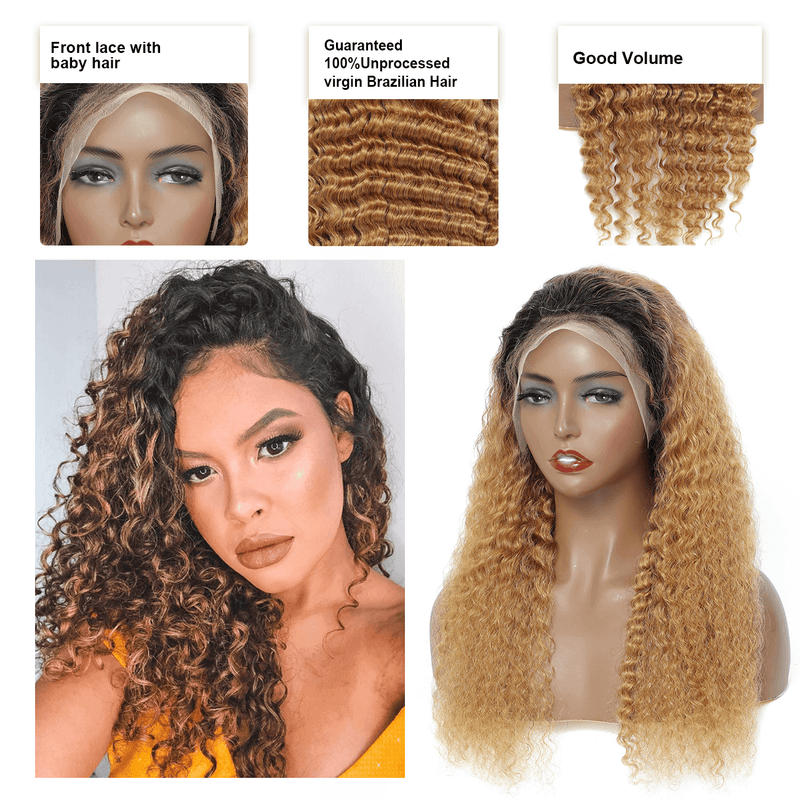 DRESSMAKER 13x4 Deep Wave Lace Front Wigs HD Lace 100% Unprocessed Human Hair Wig (T1B/27) DRESSMAKER HAIR OFFICIAL STORE