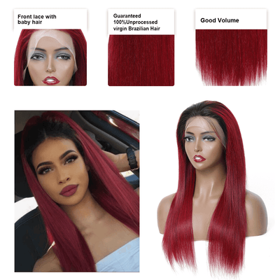 DRESSMAKER 13x4 Long Straight Lace Front Wig HD Lace T1B/Burgandy Human Hair Wig DRESSMAKER HAIR OFFICIAL STORE