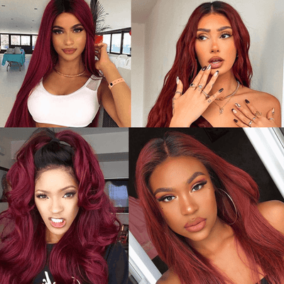 DRESSMAKER 13x4 Long Straight Lace Front Wig HD Lace T1B/Burgandy Human Hair Wig DRESSMAKER HAIR OFFICIAL STORE